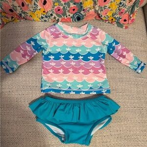 Ruffle Butts Girls Two-Piece Rashguard Swim Set in Teal, Pink & Blue